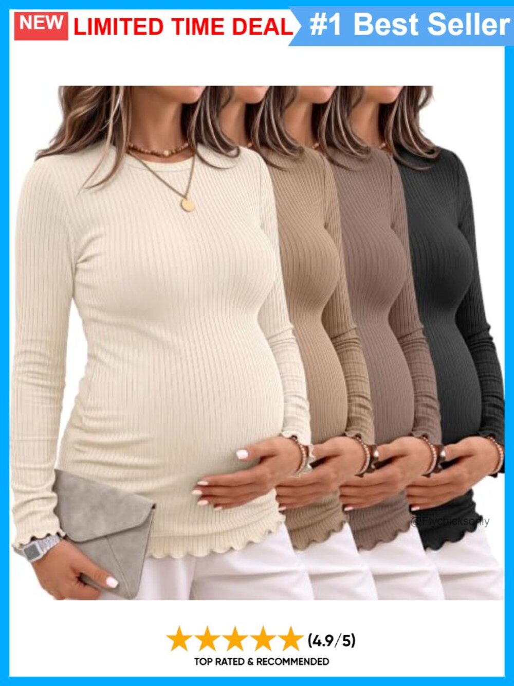 Maternity Ribbed Long Sleeve Tops Crew Neck Slim Fit Pullover 4 Pack